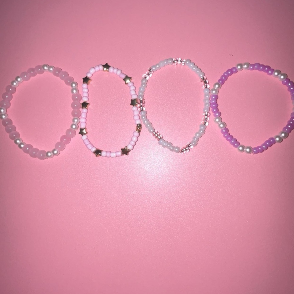 Handmade Pink & Purple Beaded Stretch Bracelet Set